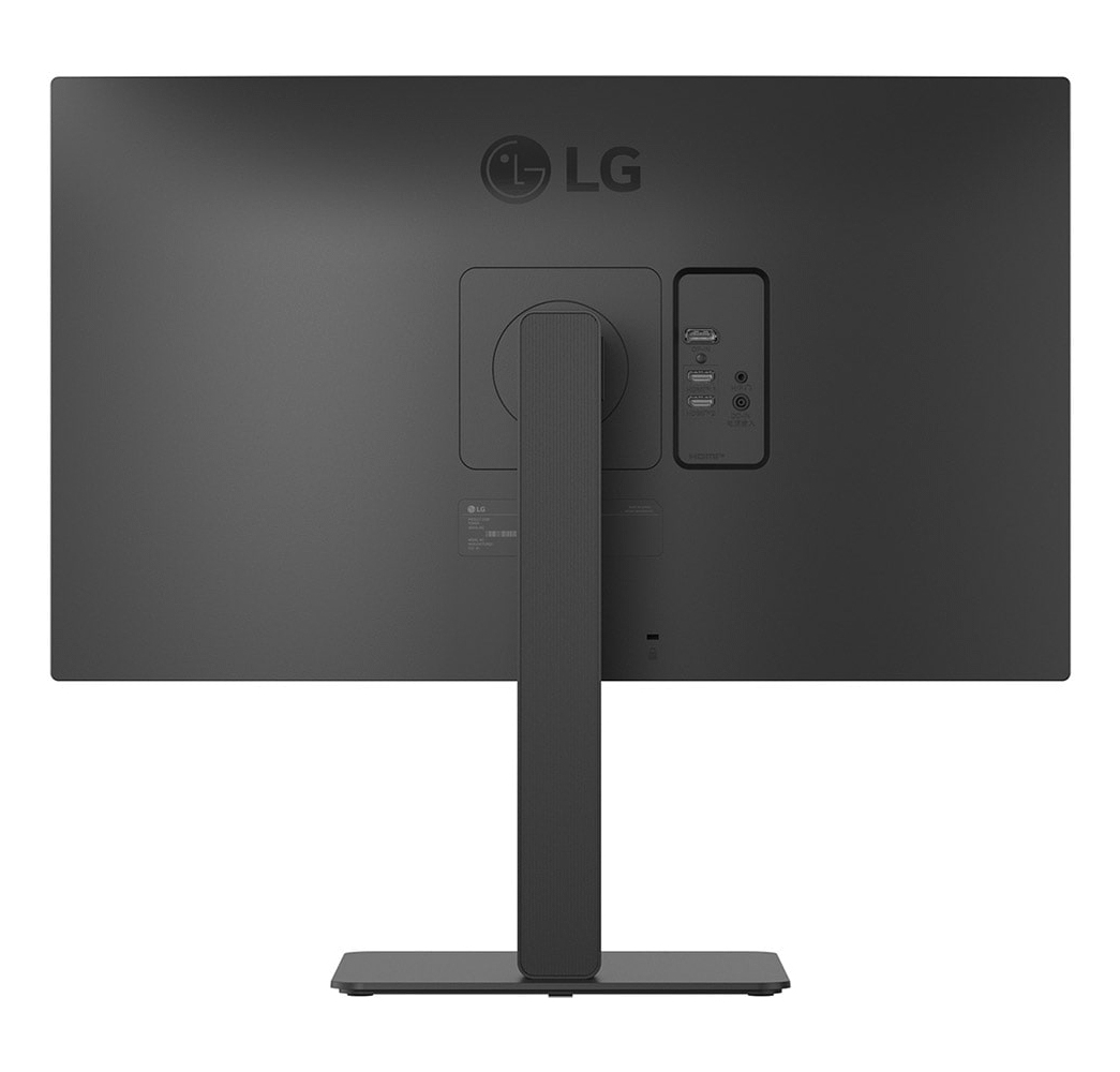 Rückansicht eines schwarzen LG-Monitors mit Anschlüssen, Ständer und Logo. Der Monitor steht auf weißem Hintergrund.