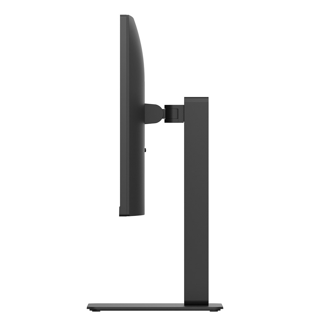 A side view of a black computer monitor mounted on a black stand. The screen is thin. The stand is rectangular.