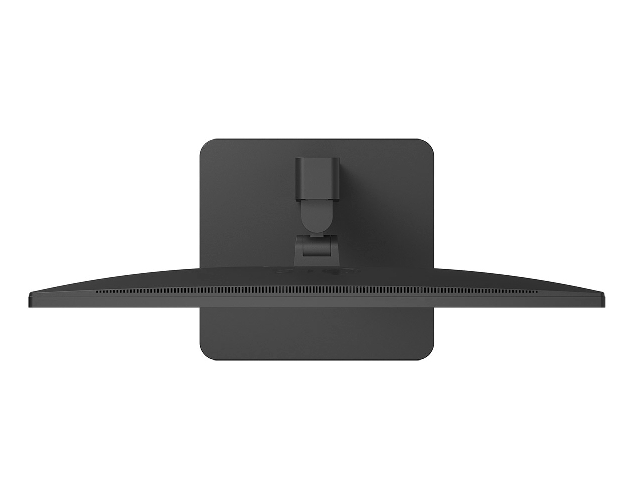 Overhead view of a black computer monitor. The screen is thin, with a ventilation strip along the bottom edge. The stand is also black.