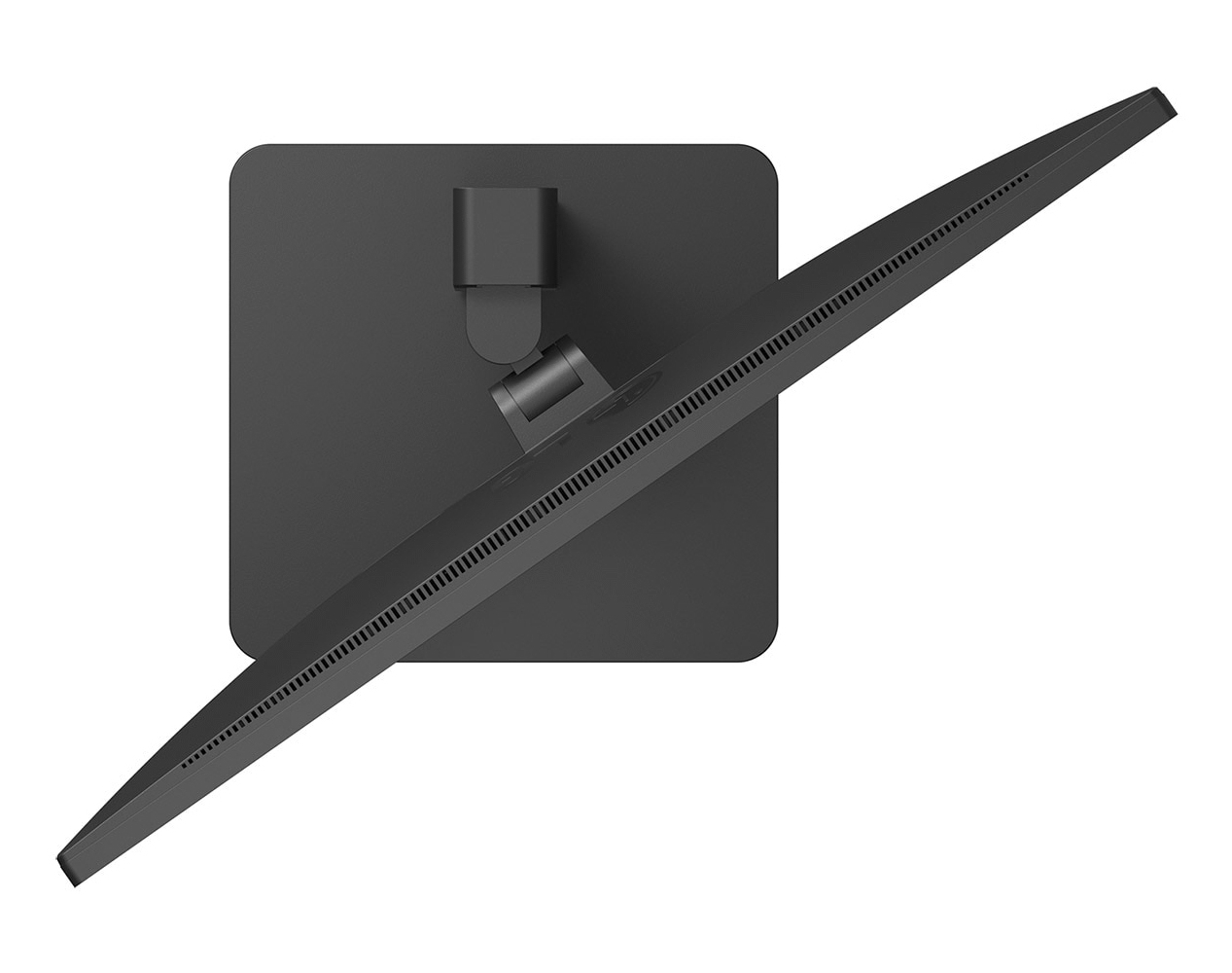 An overhead view of a black computer monitor, showing the back and stand. The monitor is angled, revealing its side with ventilation slots.