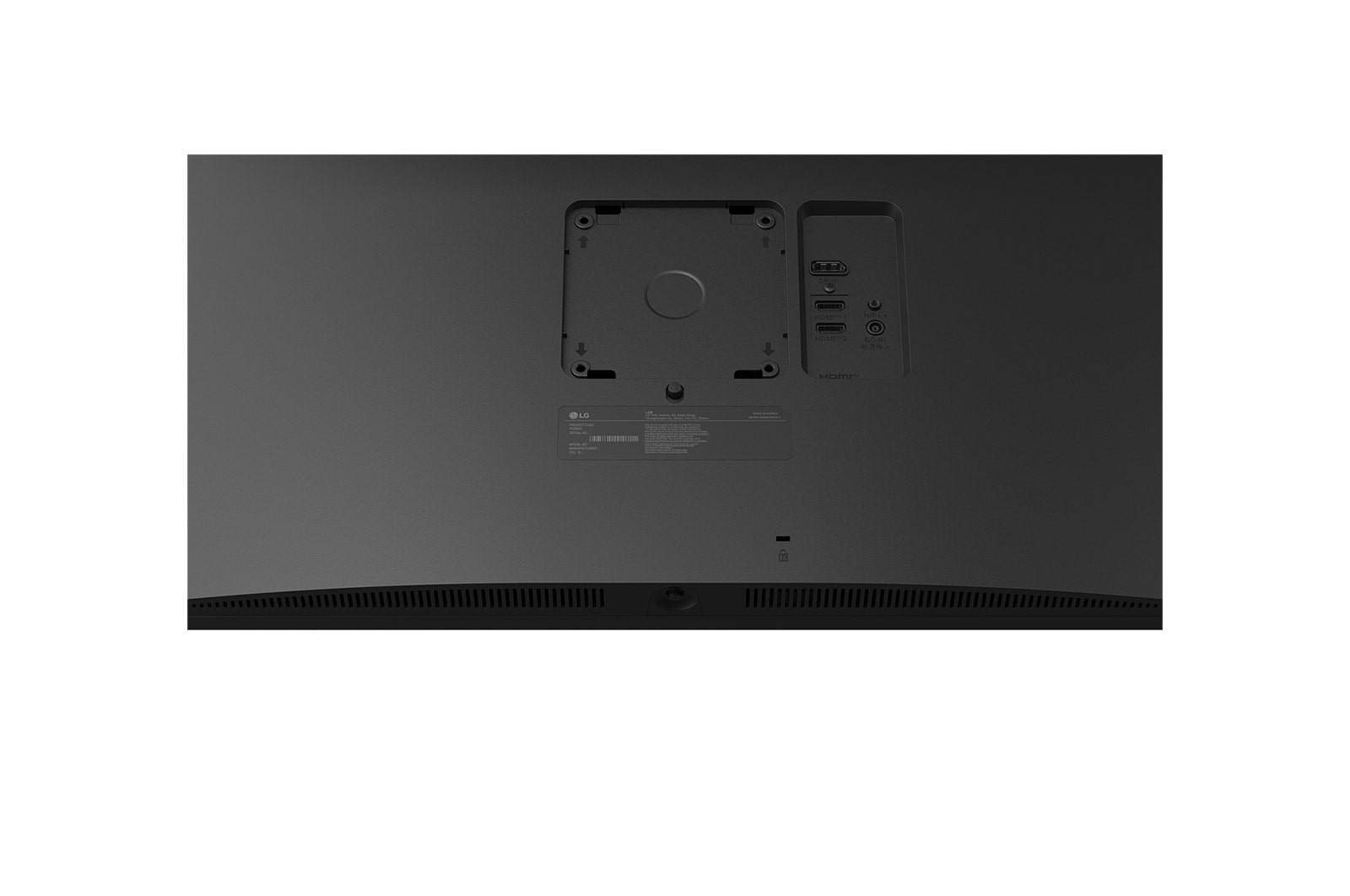 Parte trasera de un monitor LG negro. Cuenta con un soporte de montaje, puertos, etiquetas y el logotipo de LG. La parte inferior tiene ventilas.