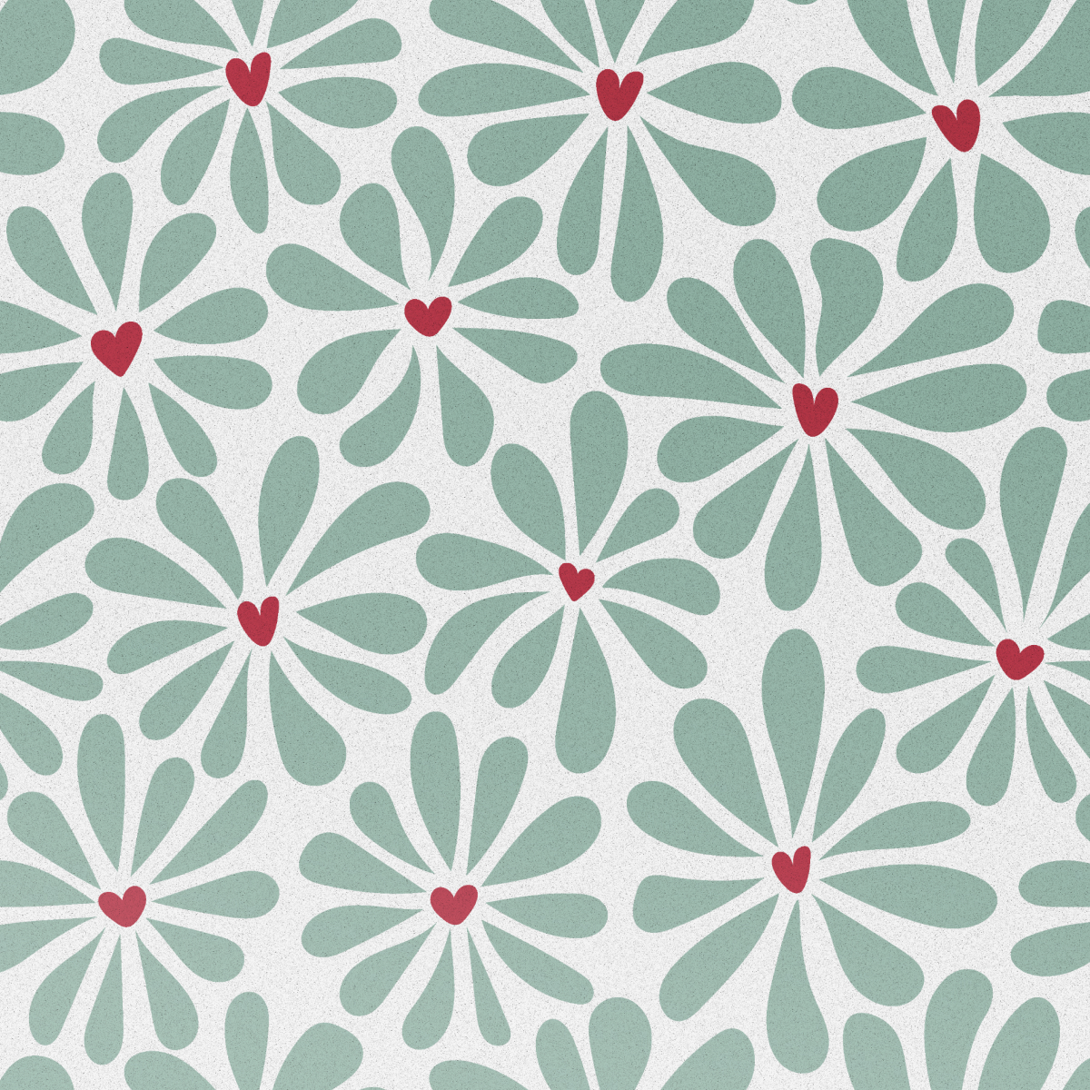Herhalend patroon met blauwgroene bloemvormen rond rode harten op een getextureerde witte achtergrond.