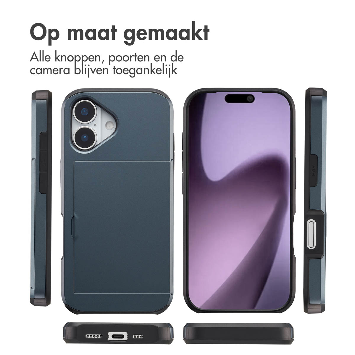 Een telefoonhoesje in secties. De tekst luidt: 'Op maat gemaakt. Alle knoppen, poorten en de camera blijven toegankelijk'.