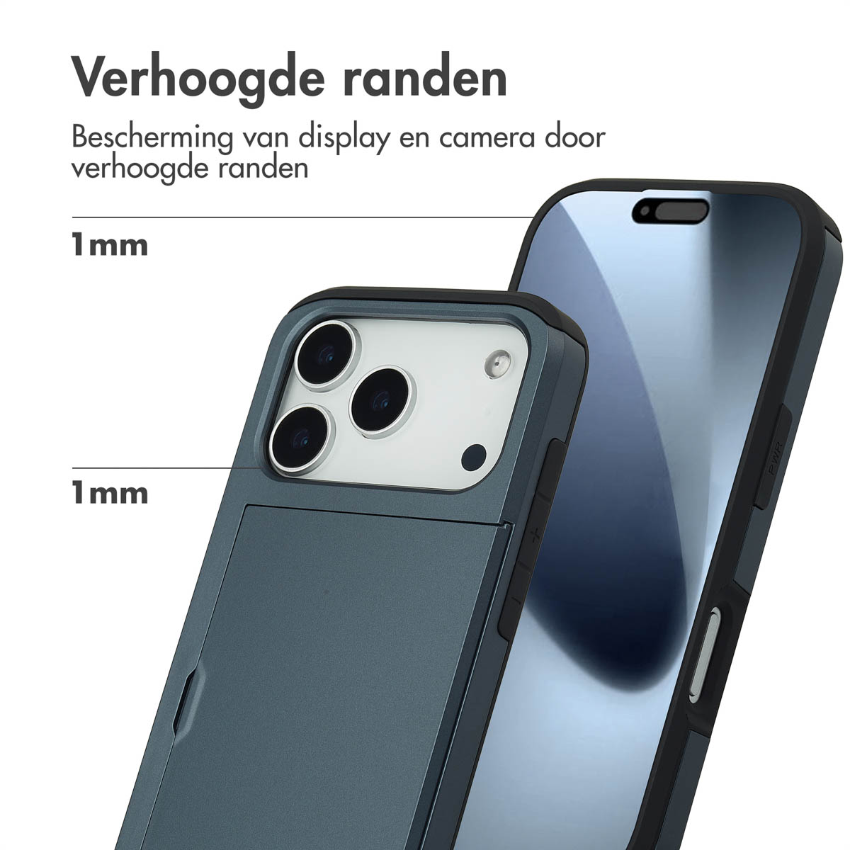 Twee telefoonhoesjes. Eén is donkergrijs, met camera en knoppen. De andere is lichtblauw. Tekst: 'Verhoogde randen' en '1mm'.