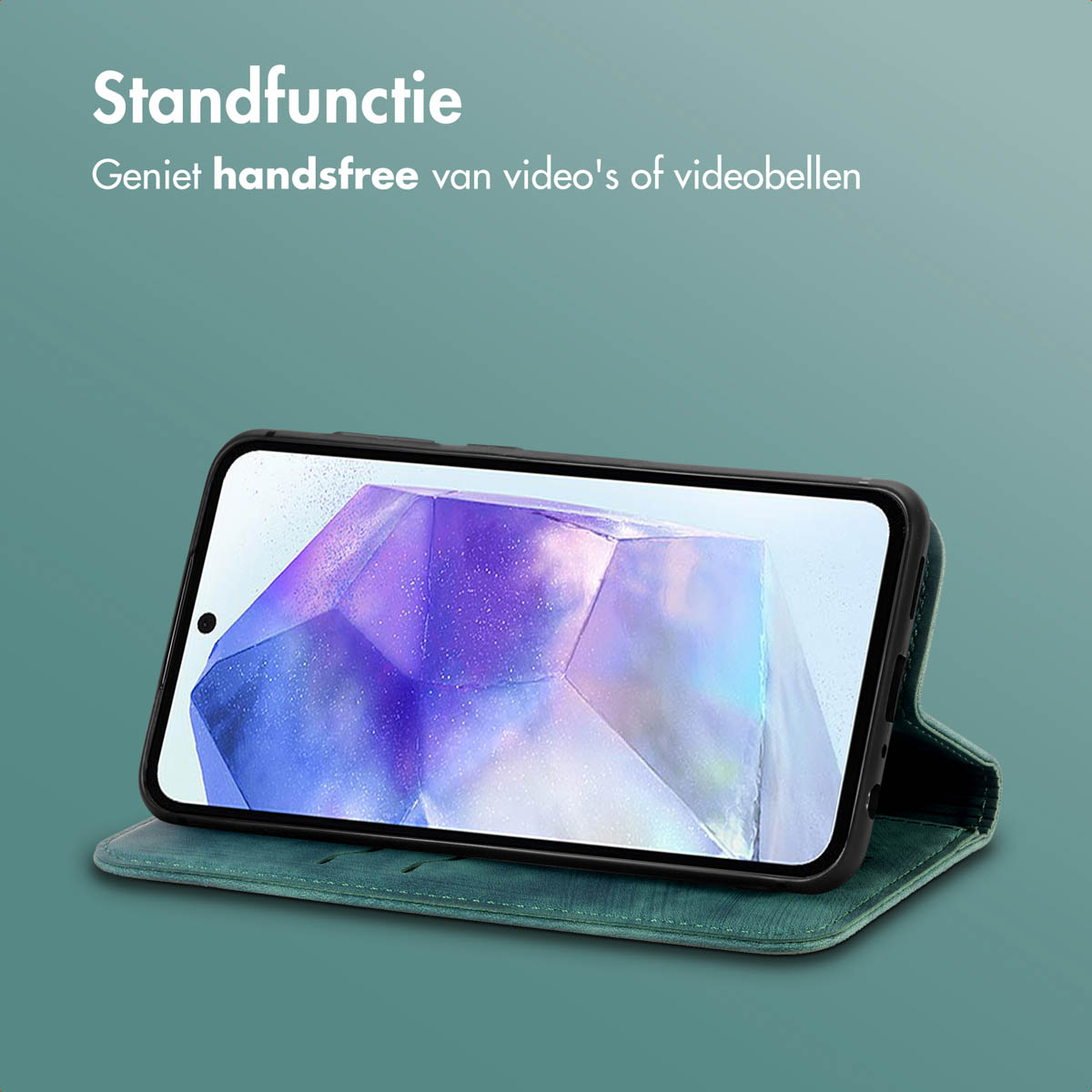 Un smartphone dans un étui sarcelle est soutenu. Le texte en haut indique : Fonction support. Le fond est sarcelle.