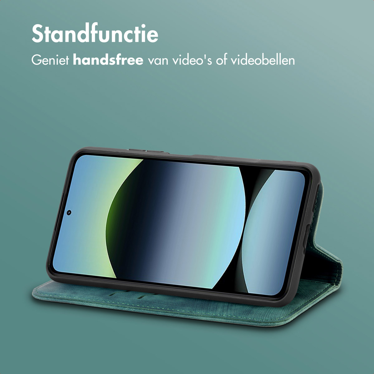 Een telefoon in een hoesje staat rechtop. Het scherm toont een licht verloop. Boven staat 'Standfunctie'.