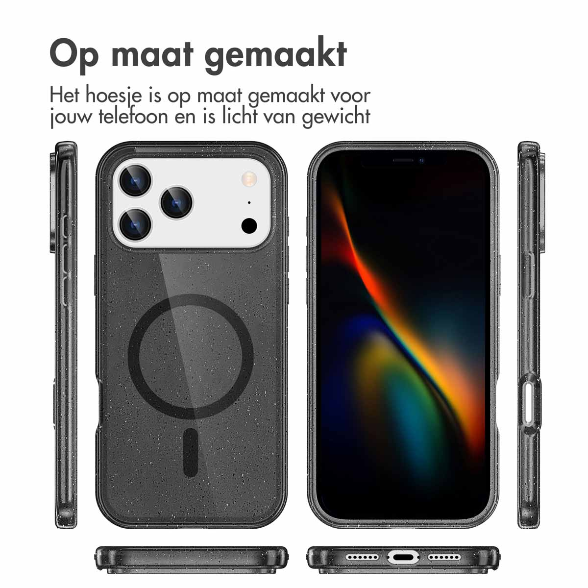 L'image montre une coque de téléphone avec un iPhone à l'intérieur. L'étui est noir. L'écran affiche des formes abstraites colorées.