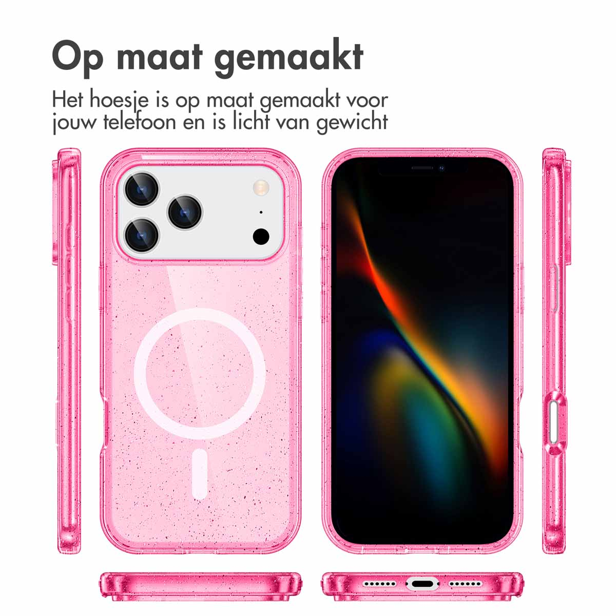 Coque de téléphone rose avec un téléphone à l'intérieur et différentes vues. Elle a un cercle magnétique et est conçue pour un téléphone.