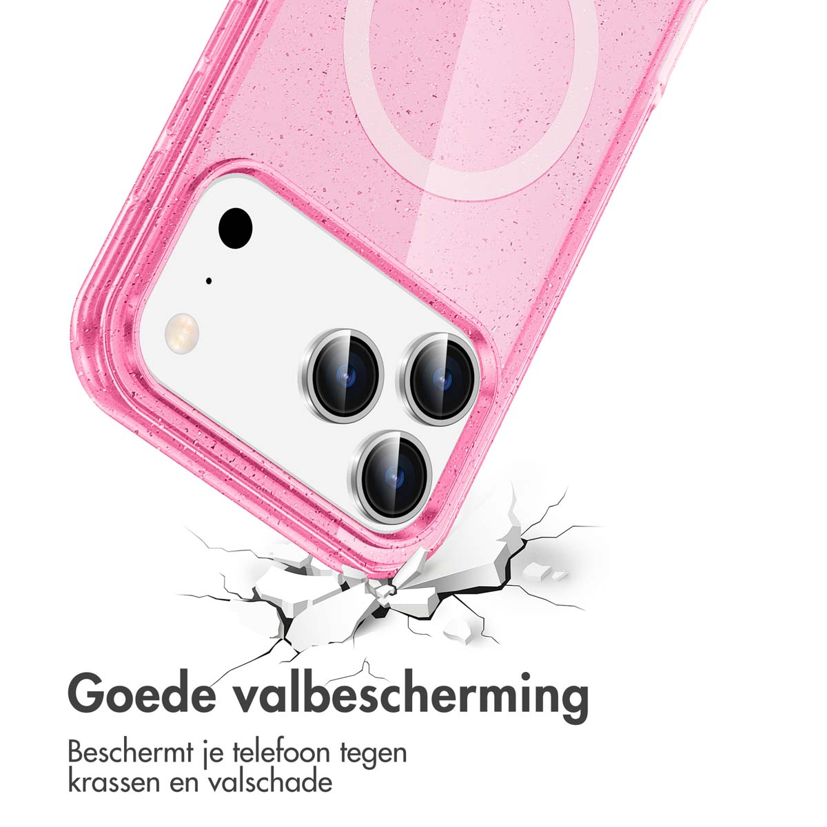 Coque de téléphone rose protégeant un téléphone. Le téléphone tombe et heurte le sol. Le sol est fissuré.