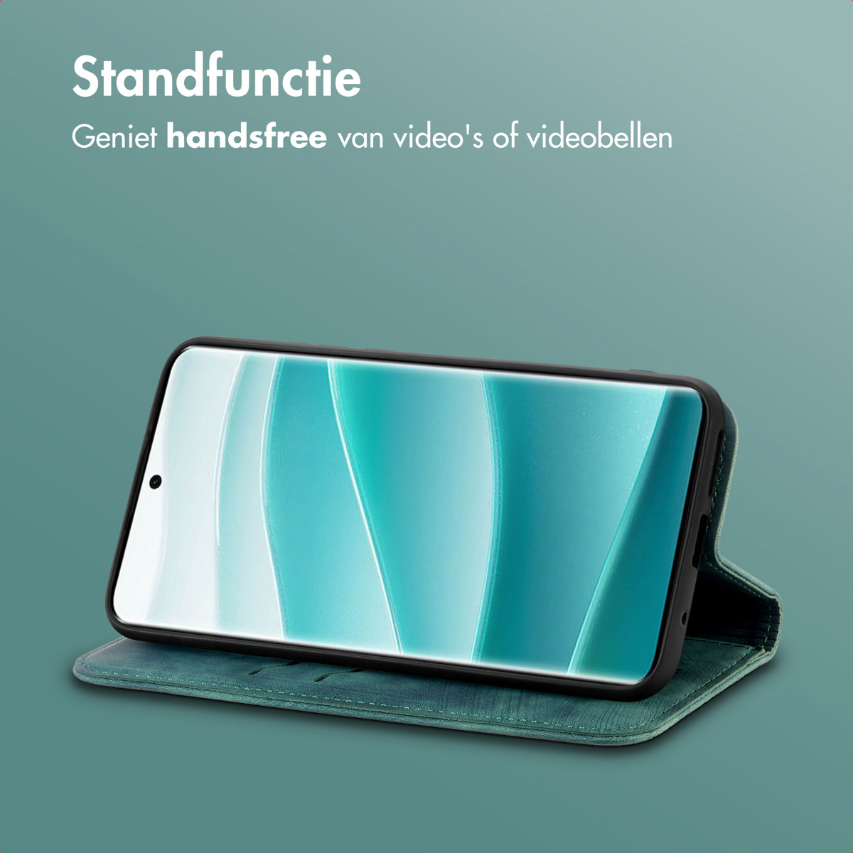 Un smartphone dans un étui est affiché. L'écran affiche un fond bleu. Le texte en haut dit 'Fonction support'.