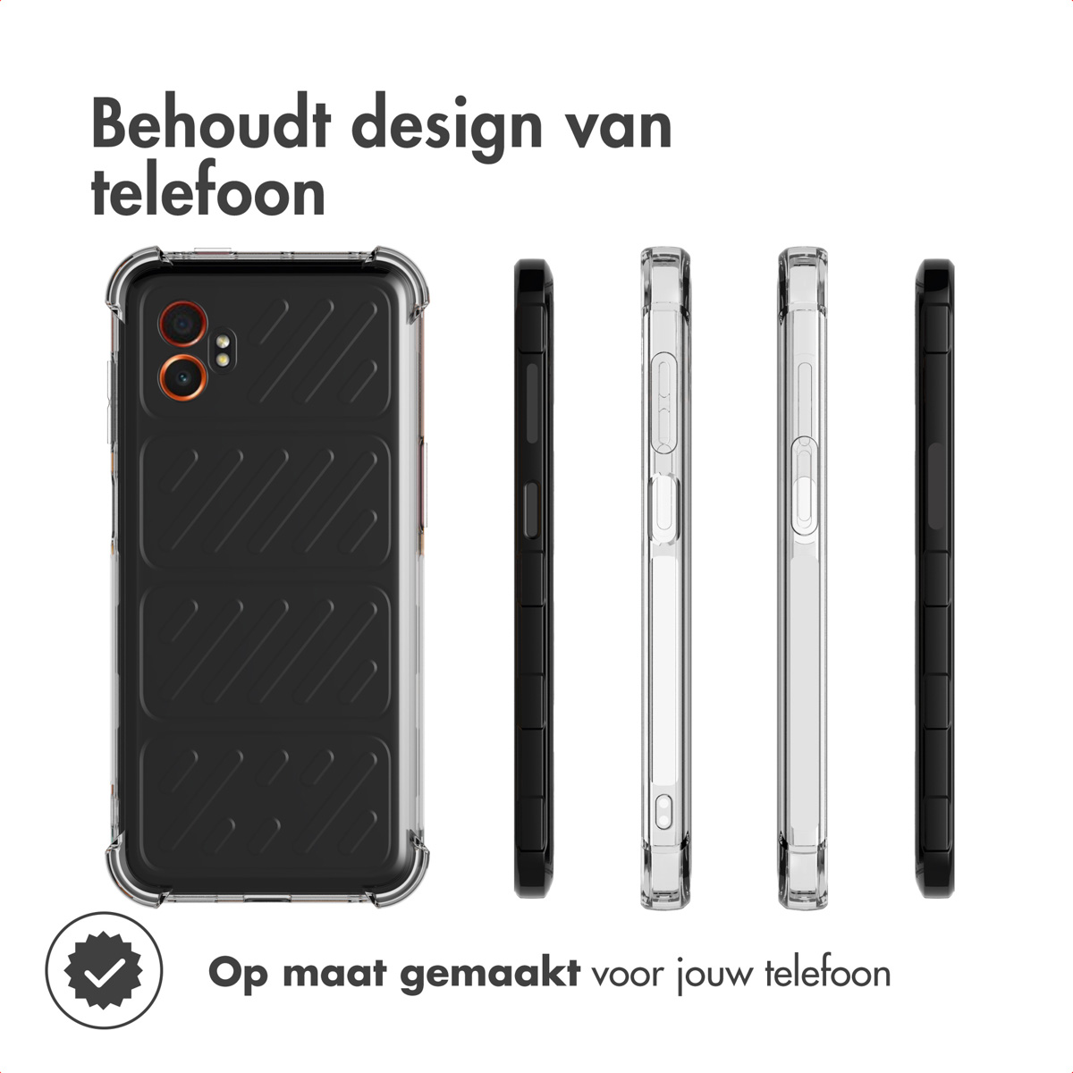 Custodia per telefono con telefono all'interno e diverse custodie di diversi colori accanto. Il testo dice 'mantiene il design del telefono'.