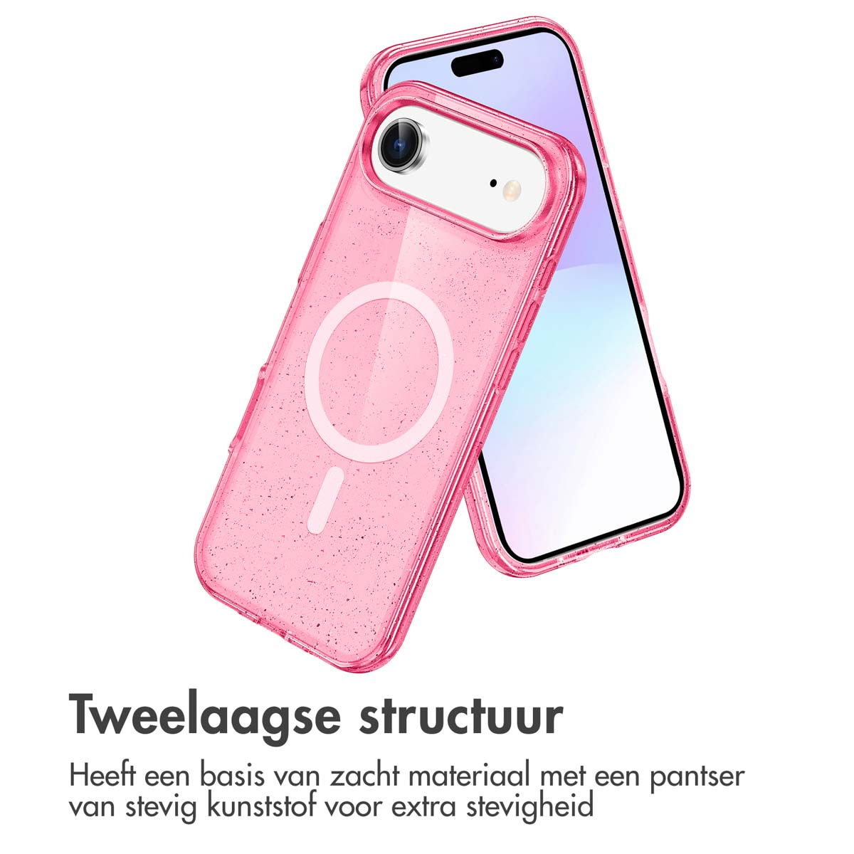 Een roze telefoonhoesje met een helder ontwerp, en een iPhone wordt op de achtergrond getoond. Tekst onderaan beschrijft de structuur.