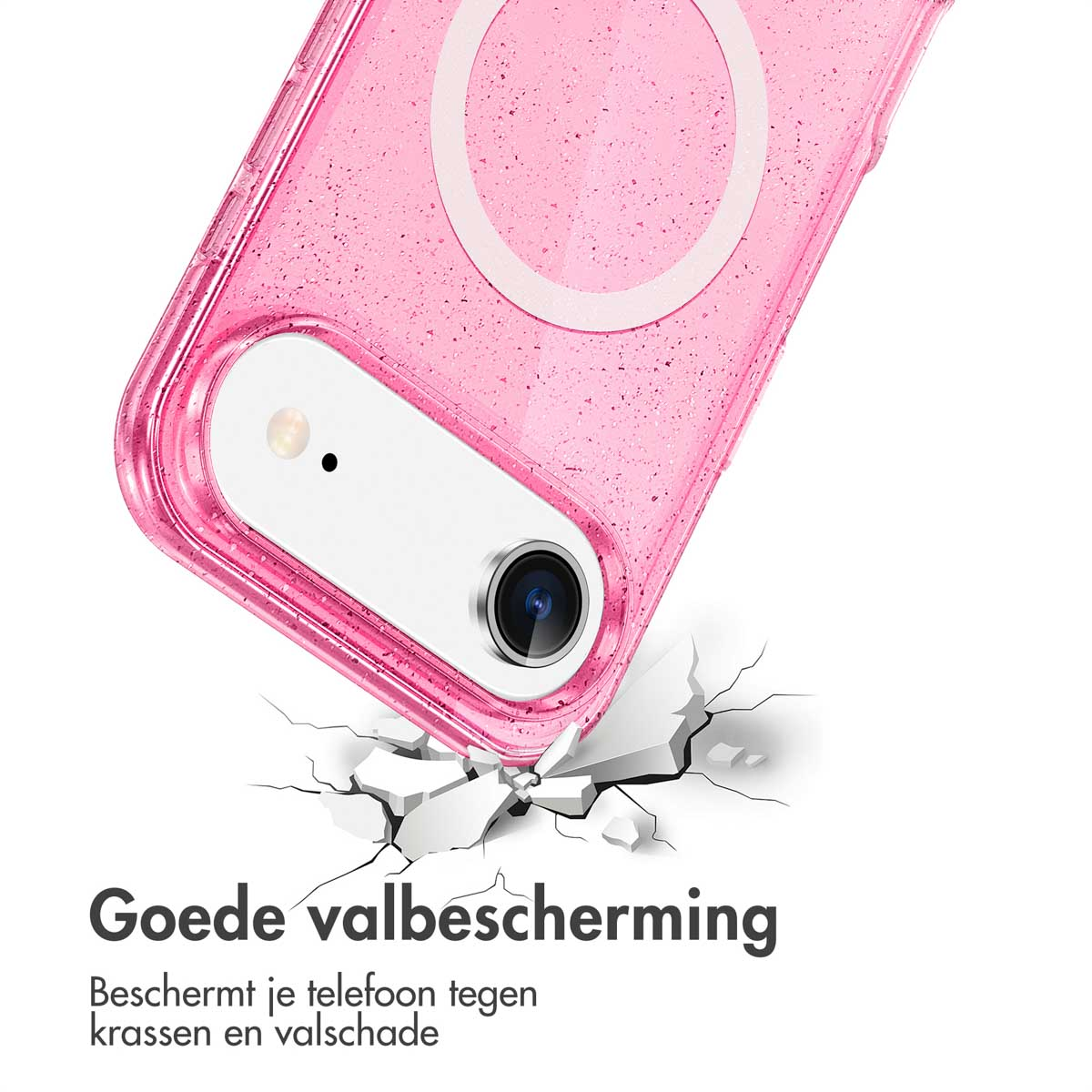 Een roze telefoonhoes met een telefoon erin is te zien, die een oppervlak breekt bij impact. Tekst: 'Goede valbescherming'.