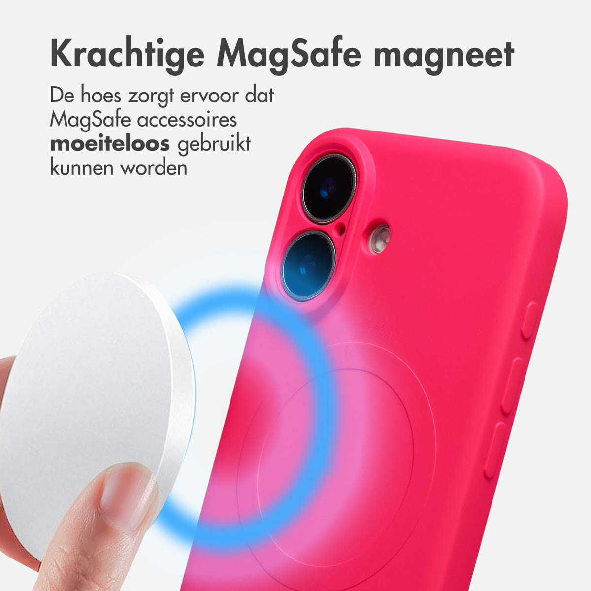 Une coque de téléphone rose avec un chargeur circulaire blanc. Une main tient le chargeur près de la coque, avec un champ magnétique bleu.