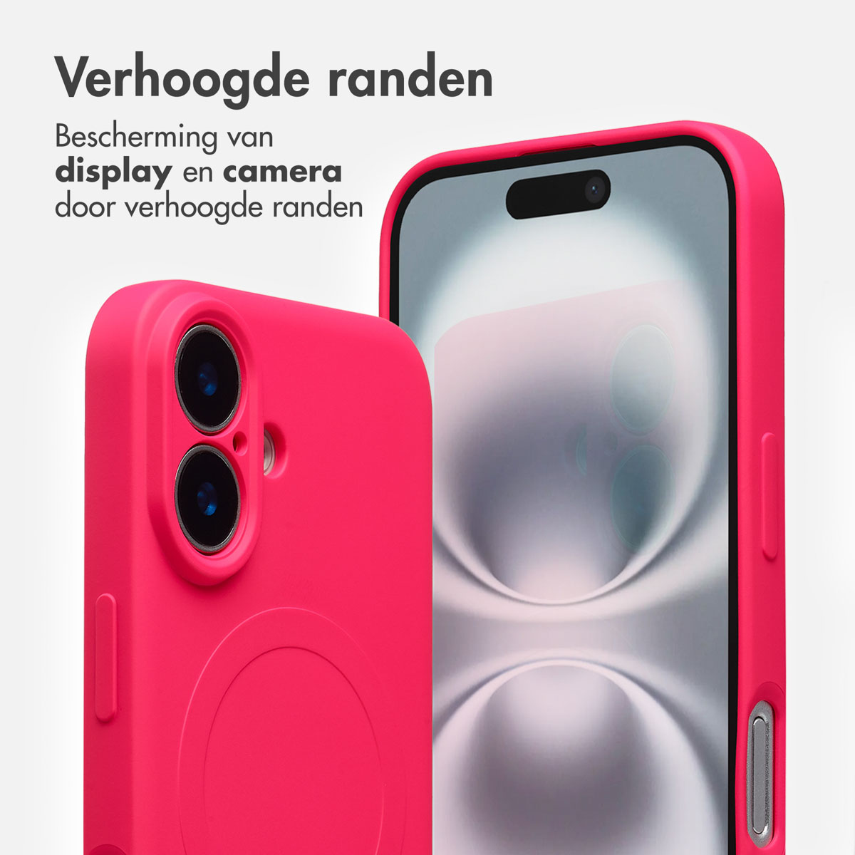 Deux coques de téléphone rose vif. L'une montre la caméra et l'autre l'écran. Le texte en haut décrit les bords surélevés pour la protection.