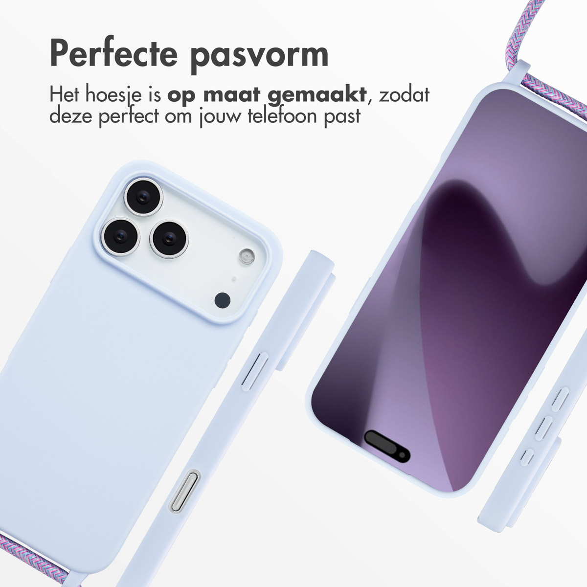 Une coque de téléphone bleu clair avec un protecteur d'écran violet et une sangle tressée, montrant son ajustement parfait.