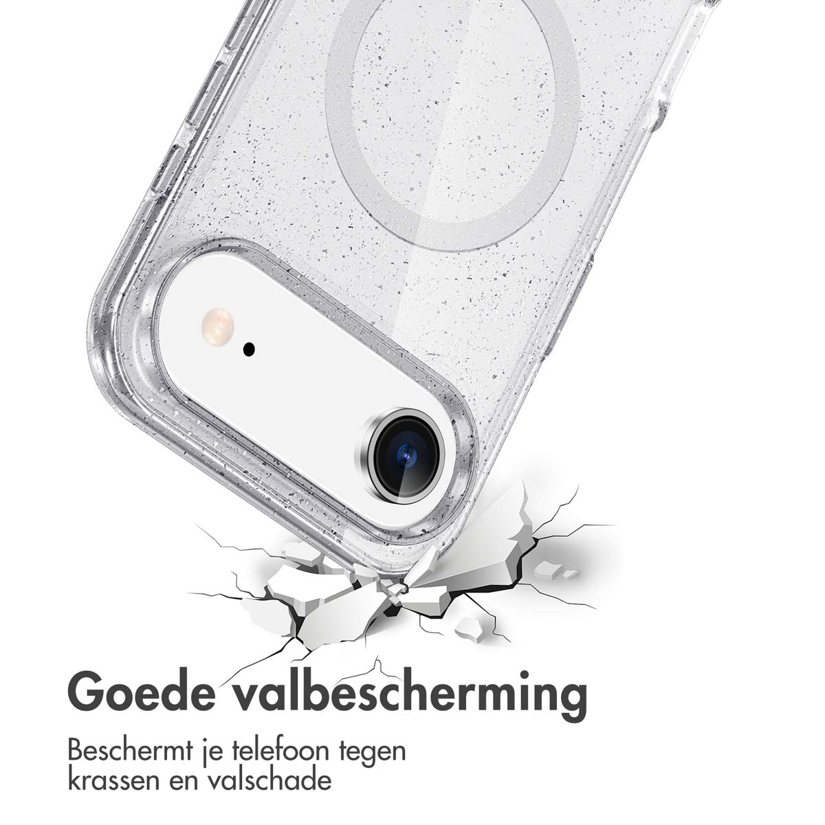 Een doorzichtige telefoonhoes beschermt een telefoon en breekt een oppervlak. Tekst: 'Goede valbescherming' en 'Beschermt uw telefoon tegen krassen en beschadigingen'.