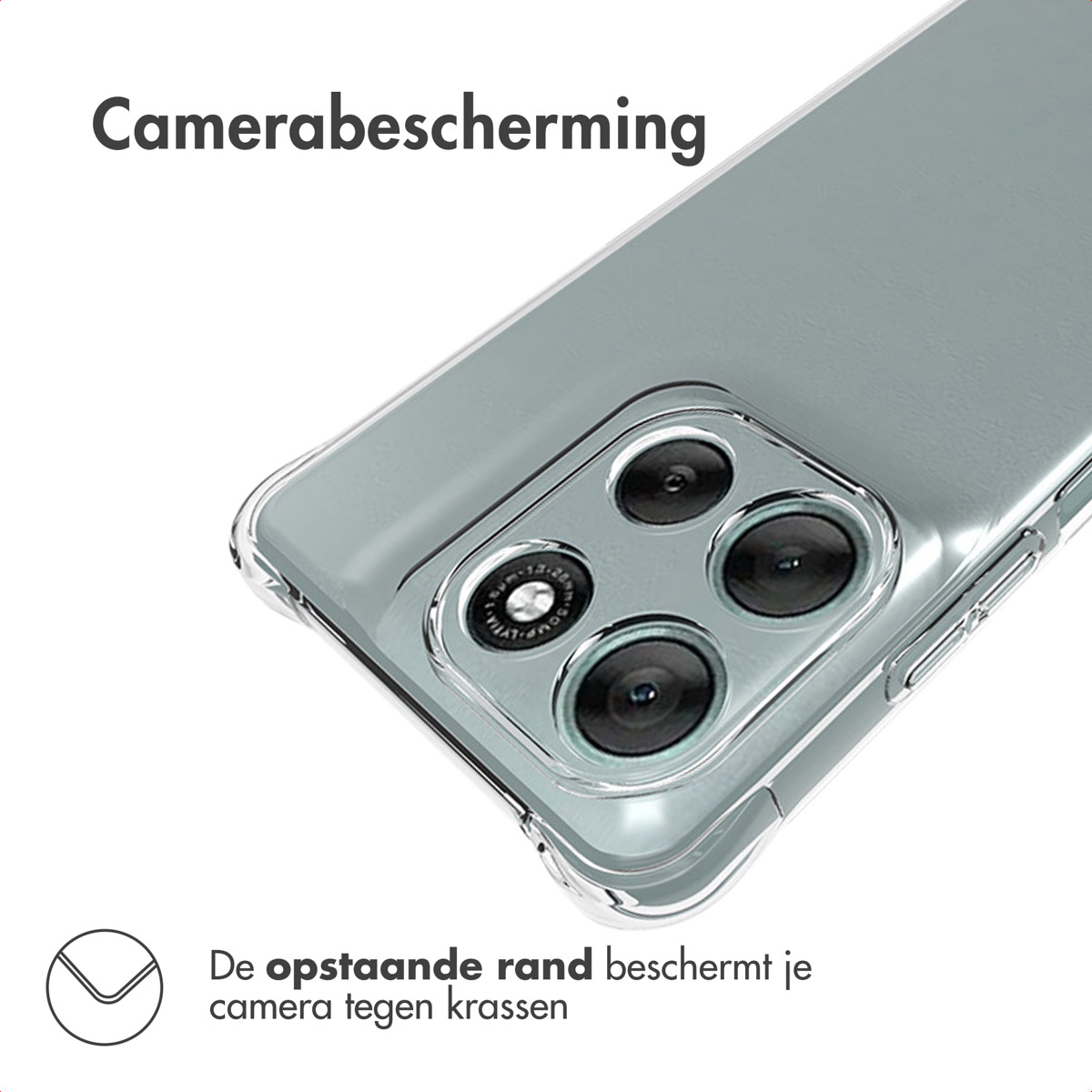 Clear phone case over a phone's camera. Text says 'Camera protection'. Raised edge protects the camera against scratches.