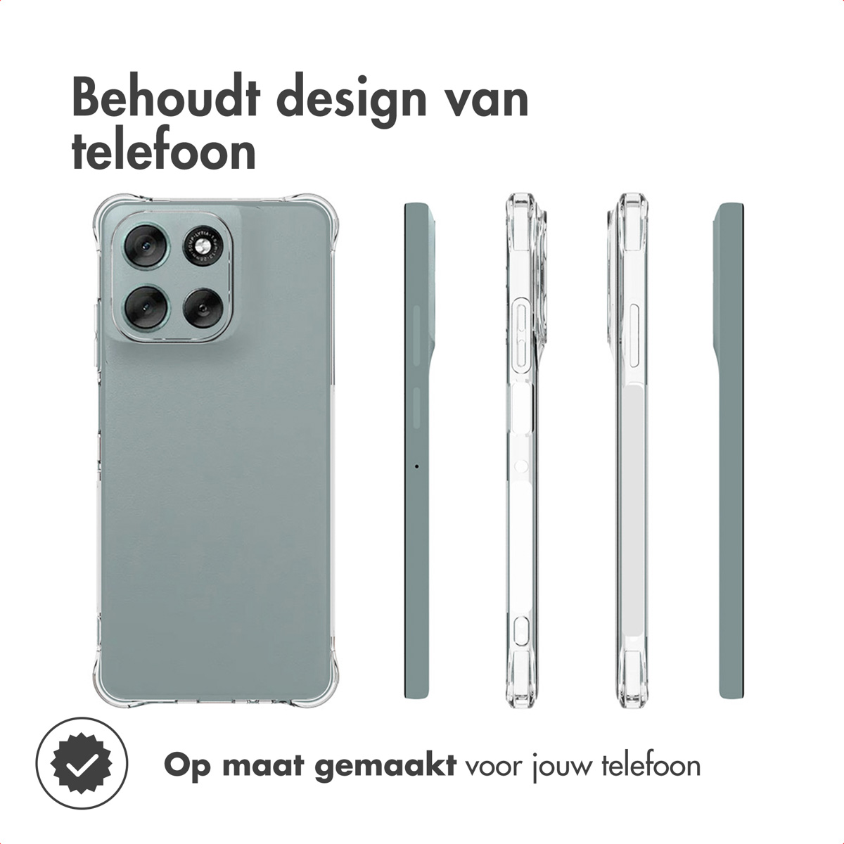 A phone case in multiple views. Gray-green phone case, transparent case, text: Behoudt design van telefoon, Op maat gemaakt voor jouw telefoon.