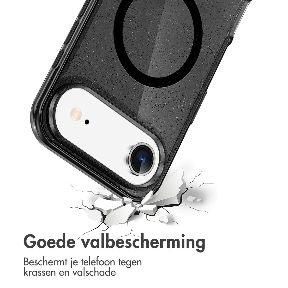 Close-up van een telefoonhoesje, een telefoon en een gebroken oppervlak. De telefoonhoes is zwart en de telefoon zit in de hoes.