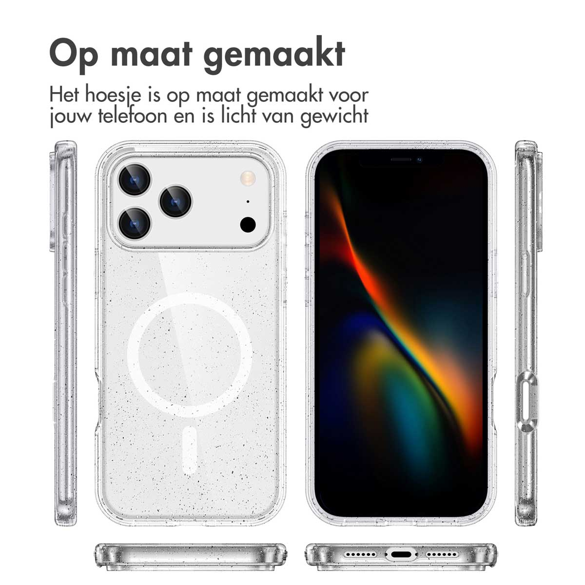 Coque de téléphone transparente avec paillettes, montrée sous plusieurs angles. Le téléphone affiche une image abstraite colorée. Texte néerlandais en haut.