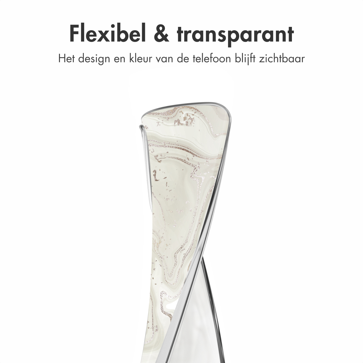 Een transparante telefoonhoes met een marmerpatroon. Boven staat de tekst 'Flexibel & transparant'.