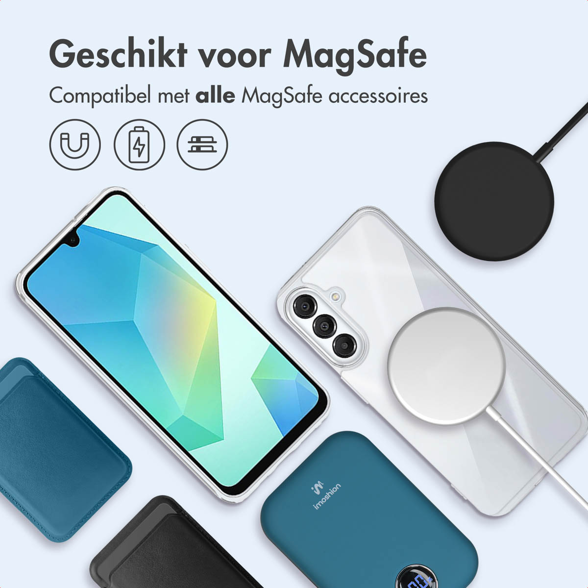 L'image présente un téléphone avec des accessoires, dont un chargeur et une batterie externe, tous compatibles avec la technologie MagSafe.