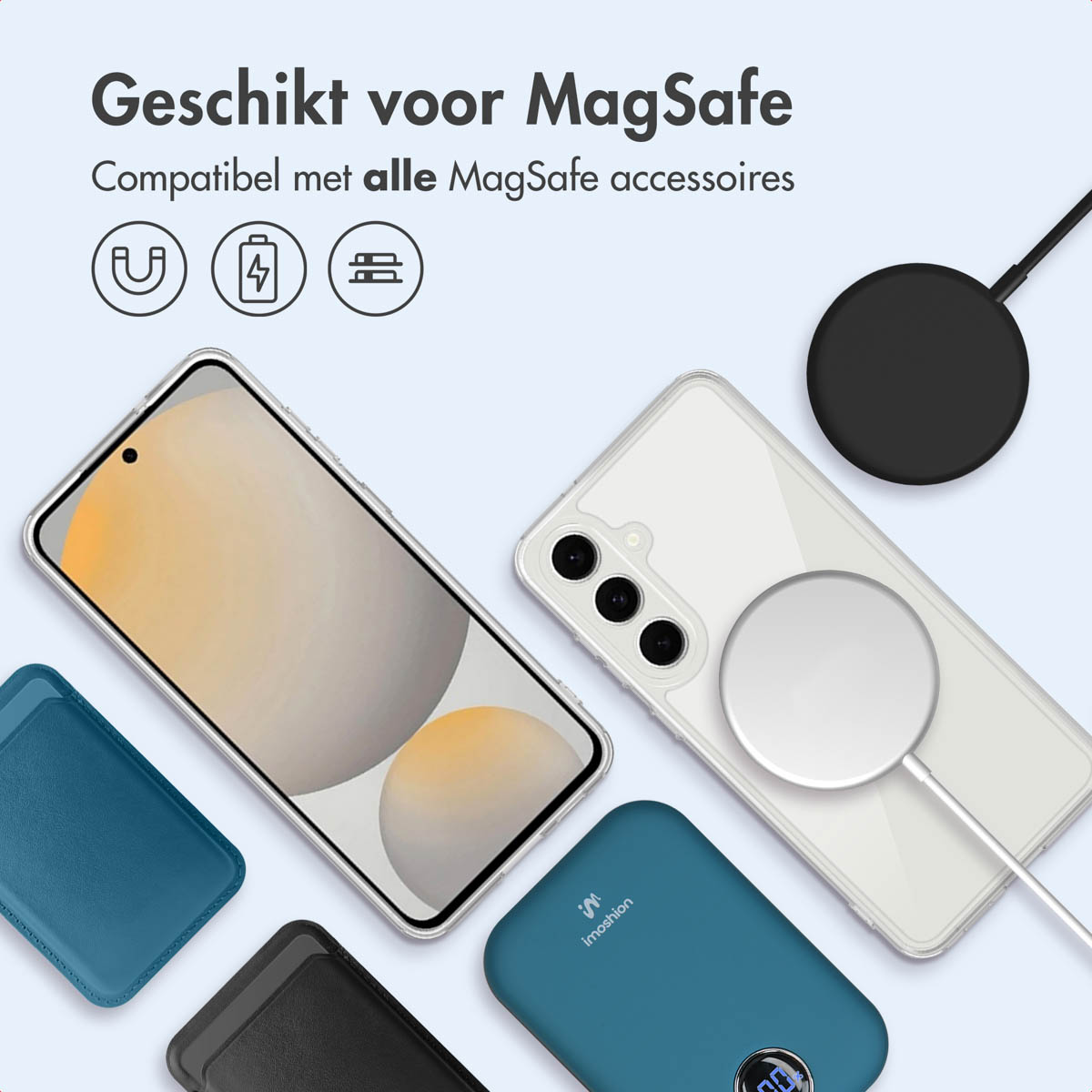 Een telefoon, een MagSafe-lader en accessoires worden getoond. Er staan ​​teksten in het Nederlands. De achtergrond is lichtblauw.