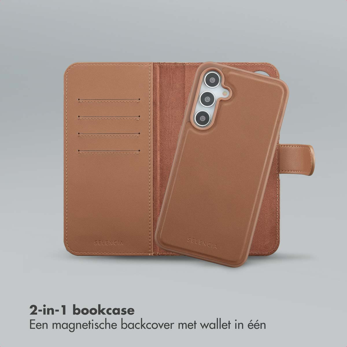Een bruine 2-in-1 telefoonhoes met een portemonnee functie. De hoes is open en toont kaartsleuven en de telefoon.