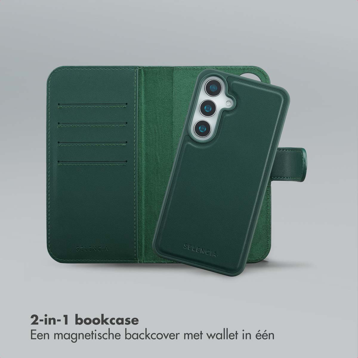 Groene telefoonhoes en portemonnee. De hoes is open, met kaartsleuven. De telefoon zit erin. Het merk SELENCIA is zichtbaar.
