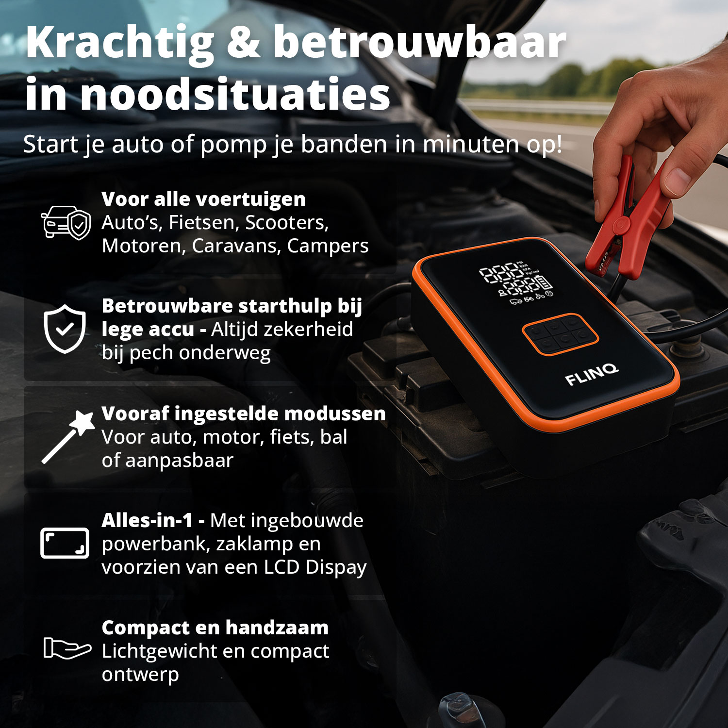 An orange and black jump starter with red clamps connected to a car battery. Text in Dutch describes the product's features.