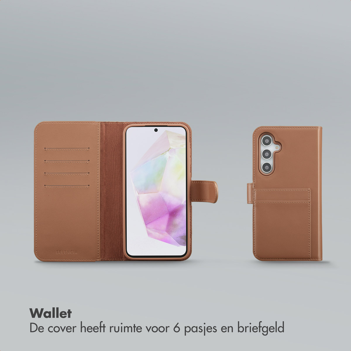 Een bruine telefoonportemonnee met een telefoon erin, open en dicht. De open portemonnee heeft kaartsleuven. De gesloten laat de camera zien.