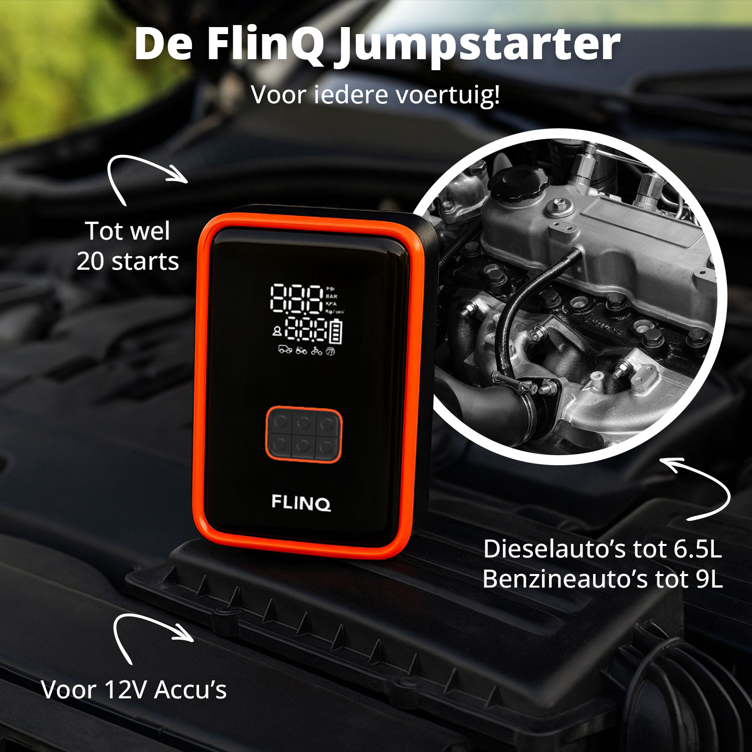 A black and orange FlinQ jump starter on a car engine. Text mentions 20 starts, 12V battery, and engine sizes.