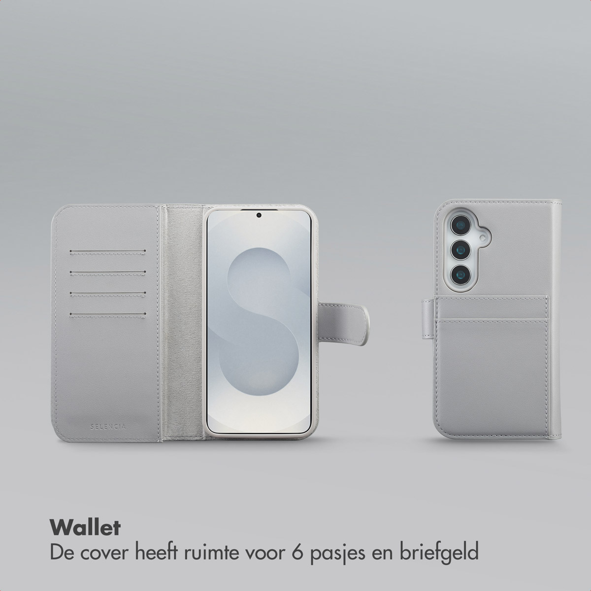 Een lichtgrijze telefoonportemonnee, open om een telefoon en de achterkant te tonen. De case heeft kaartsleuven en een sluiting.