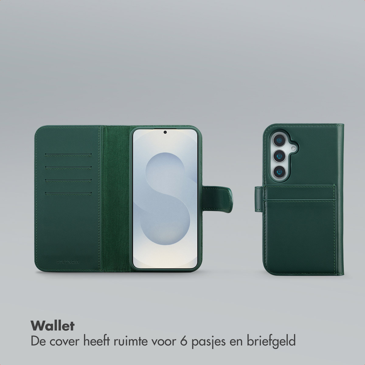 Groene telefoonportemonnee met telefoon erin. Met kaartsleuven, magnetische sluiting en een camera-uitsparing aan de achterkant.