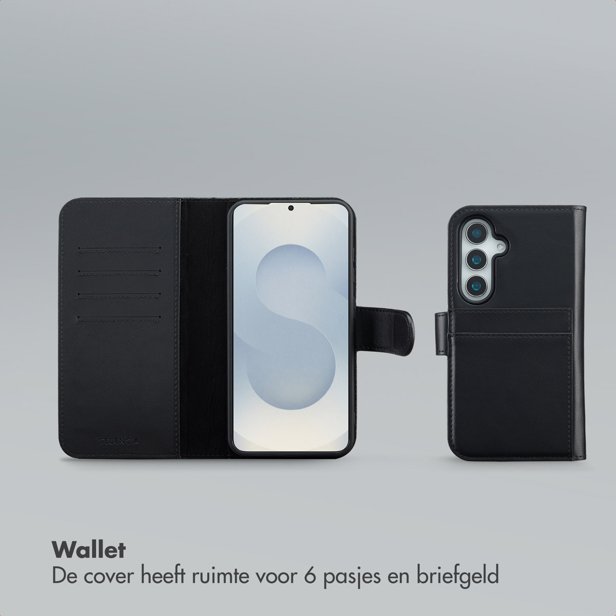 Zwarte portemonneehoes met telefoon erin. De hoes is open en toont het scherm en kaartsleuven. Een andere hoes rechts.