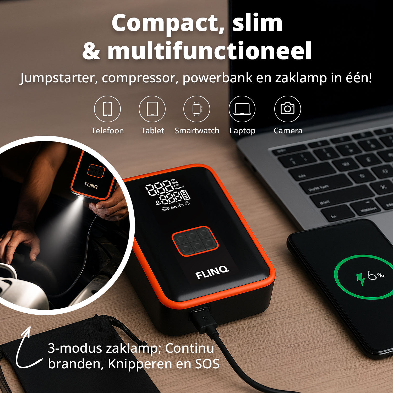 An orange and black FLINQ device with a digital display, a laptop and a phone charging. Text: Compact, slim & multifunctioneel.