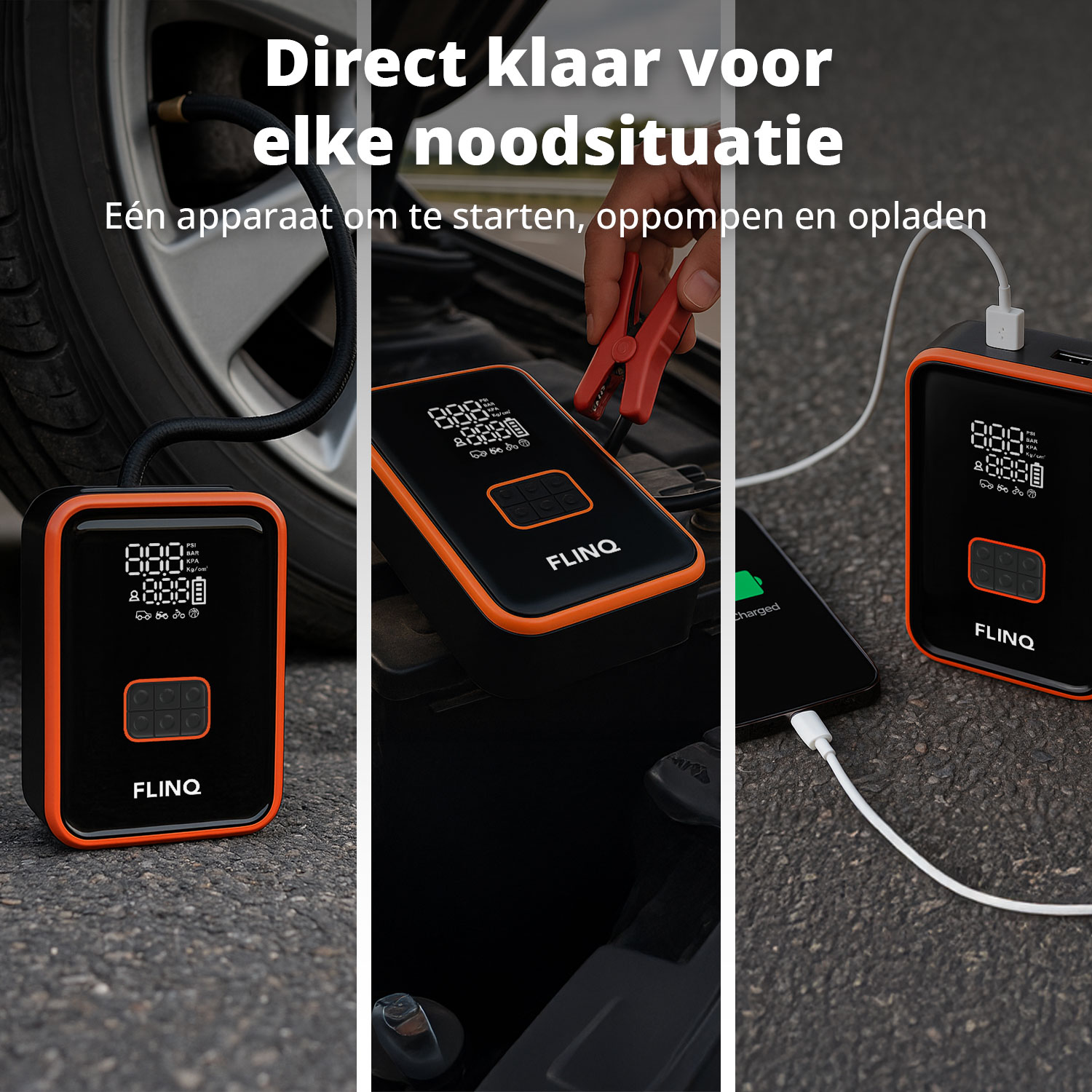 Image shows a black and orange device with a screen, tire, jumper cables, and phone charging. Text reads 'Direct klaar voor elke noodsituatie'.