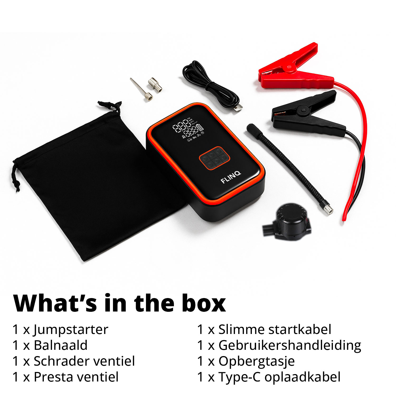A black and red FLINQ device with accessories like jumper cables, bag, and various nozzles on a white surface. Text reads 'What's in the box'.