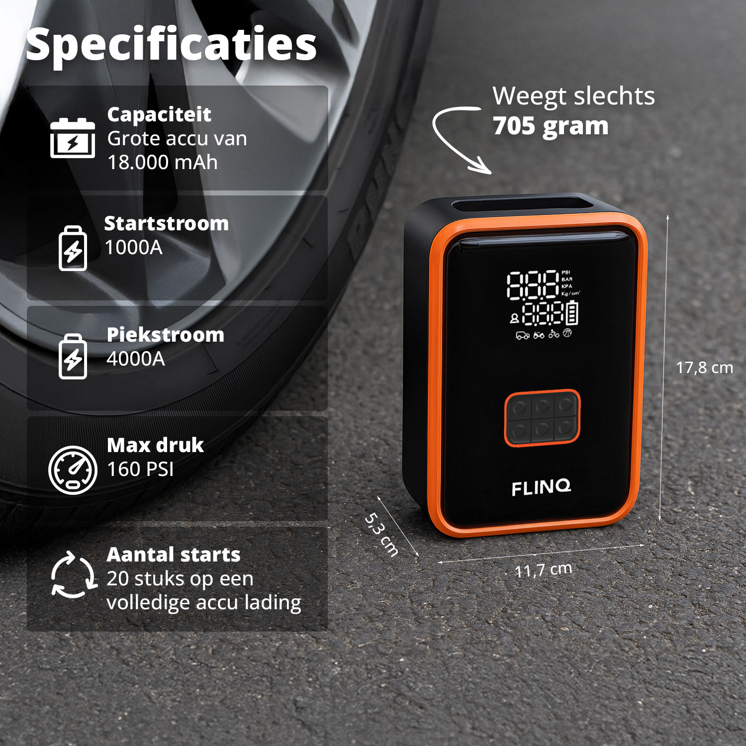 An orange and black Flinq device with a digital display and dimensions indicated. Specifications include capacity, start current, and peak current.