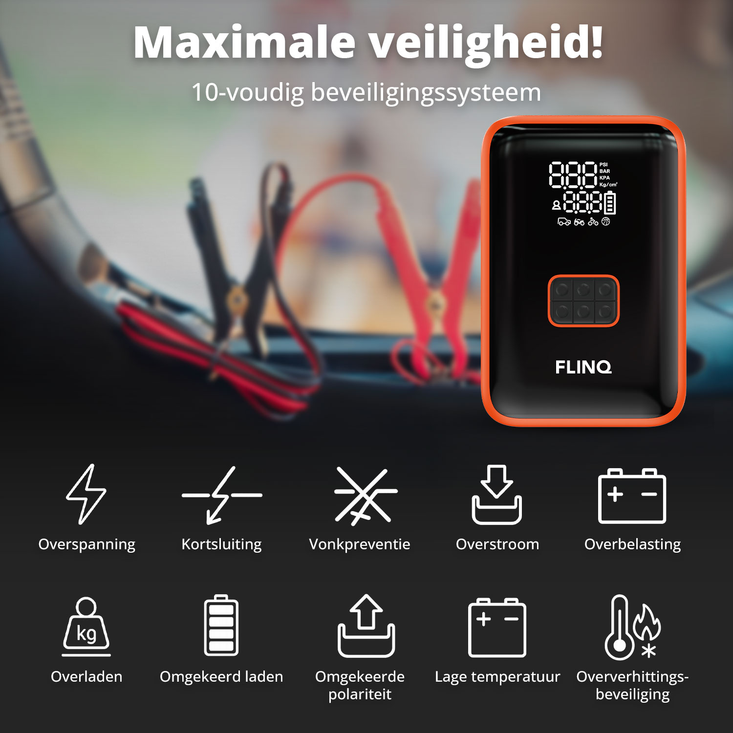 Black and orange car jump starter with clamps, text, and icons illustrating safety features.