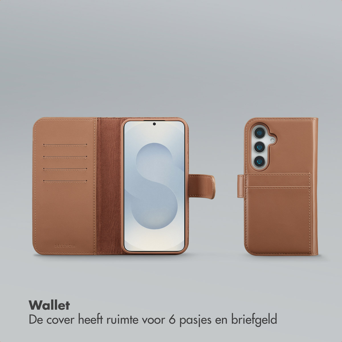 Een bruine telefoonportemonnee met een smartphone. De hoes heeft kaartsleuven en een magnetische sluiting, met een lichtgrijze achtergrond.