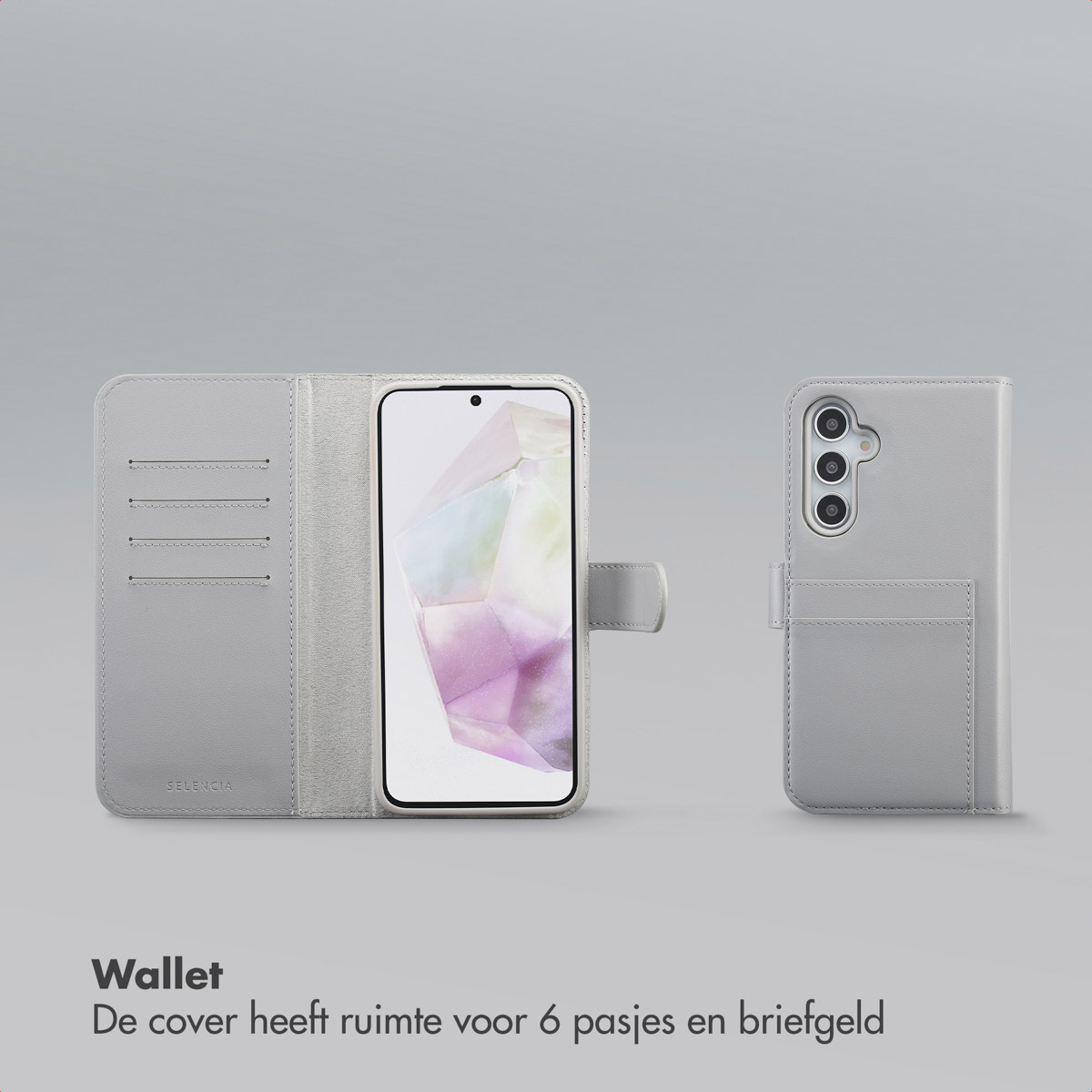 Een lichtgrijze telefoonportemonnee, open en dicht. De open hoes toont kaartsleuven en een telefoon. De gesloten hoes heeft een kaartsleuf.