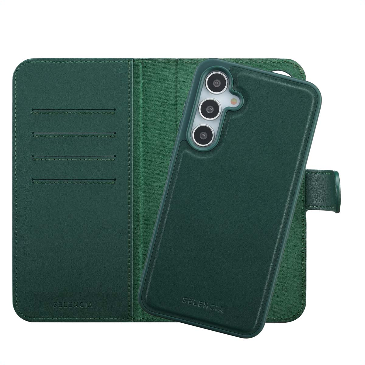 Un étui de téléphone vert avec un design de portefeuille. Le téléphone est dans un étui, le portefeuille est ouvert et le nom de la marque est visible.
