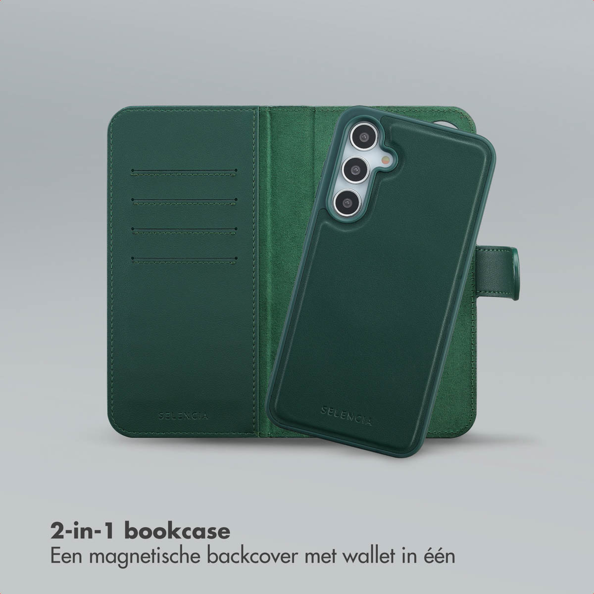 Un étui de téléphone vert avec un portefeuille, ouvert et fermé. L'étui porte le nom de la marque SELENCIA. Le texte "bibliothèque 2 en 1" est visible.
