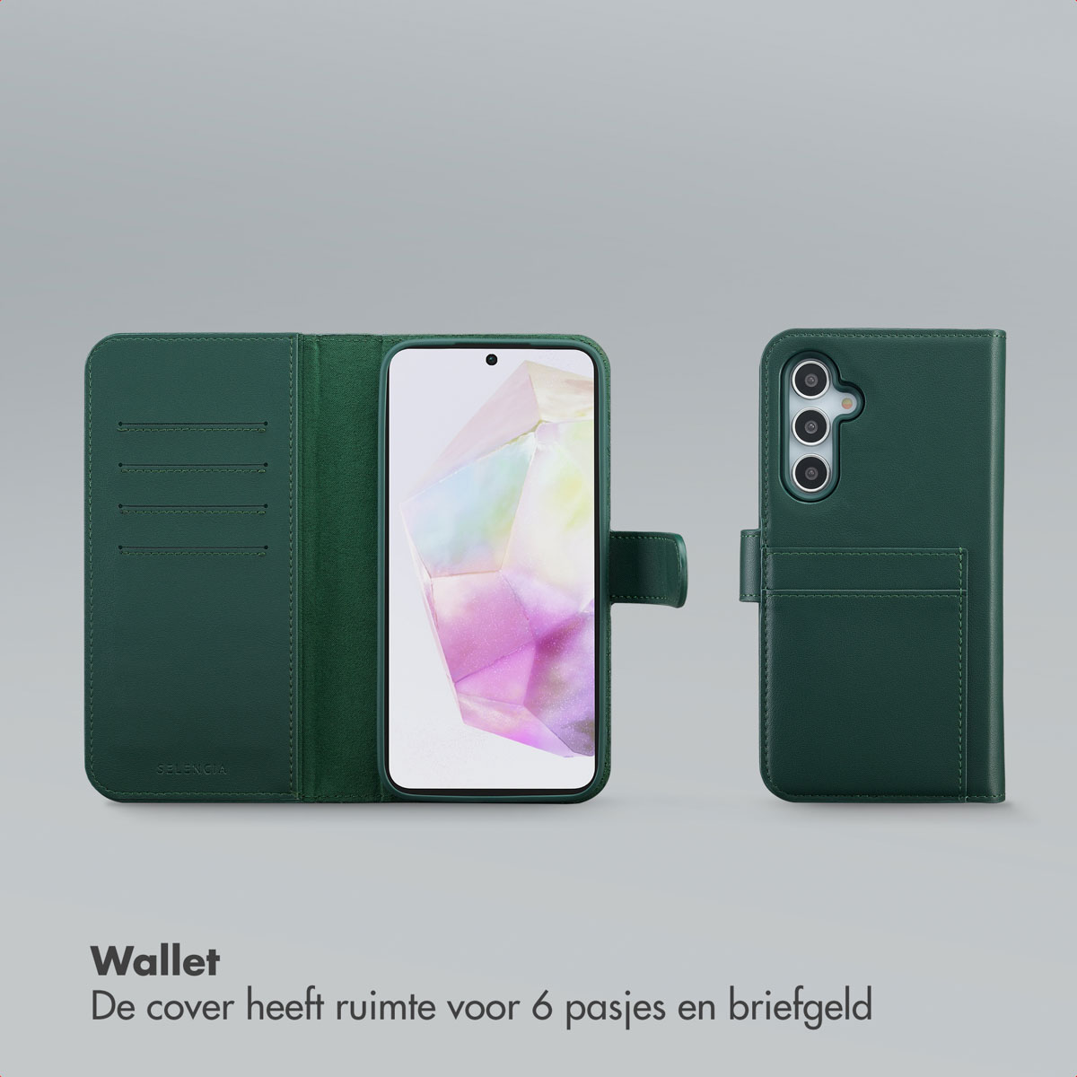 Un étui portefeuille vert pour téléphone, ouvert et fermé, côte à côte. L'étui ouvert montre un téléphone avec un écran coloré.