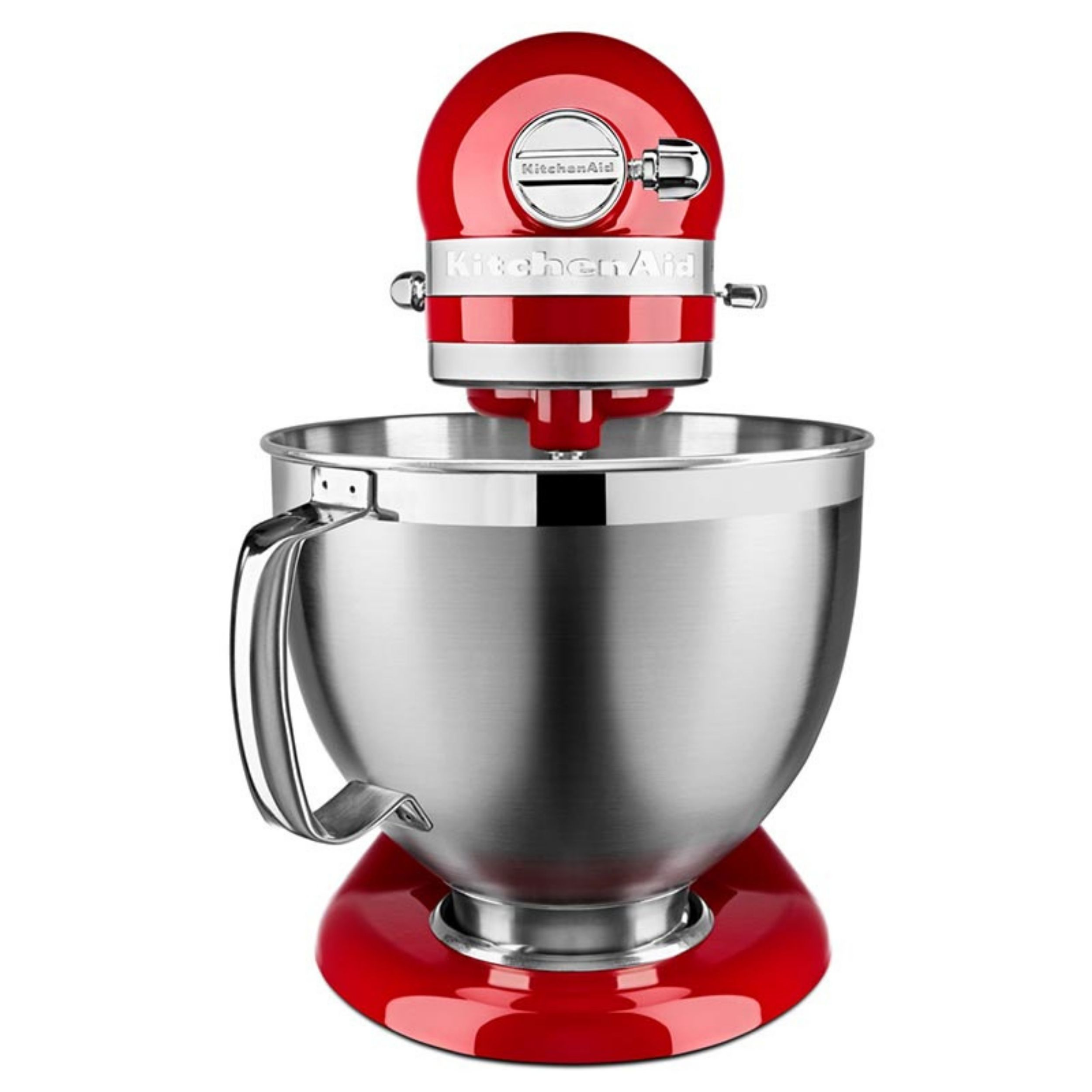 Ein roter KitchenAid-Küchenmixer mit einer Edelstahlschüssel. Der Mixer steht auf weißem Hintergrund.