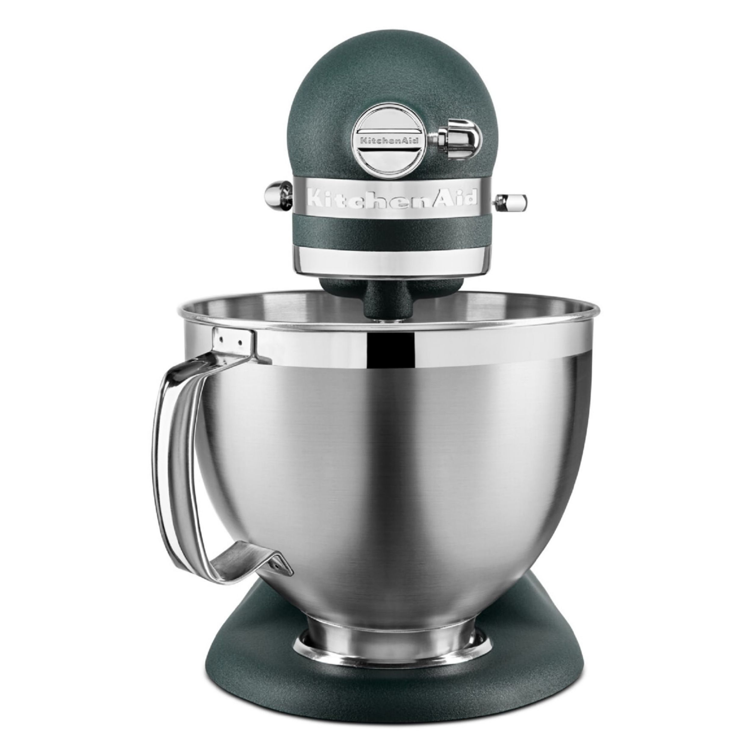 Ein dunkelgrüner KitchenAid-Küchenmixer. Er hat eine Edelstahlschüssel und ein silbernes KitchenAid-Logo.