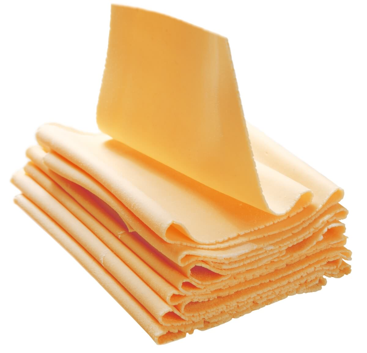 A stack of yellow pasta sheets, with one sheet partially lifted. The background is plain white. The pasta is slightly textured.