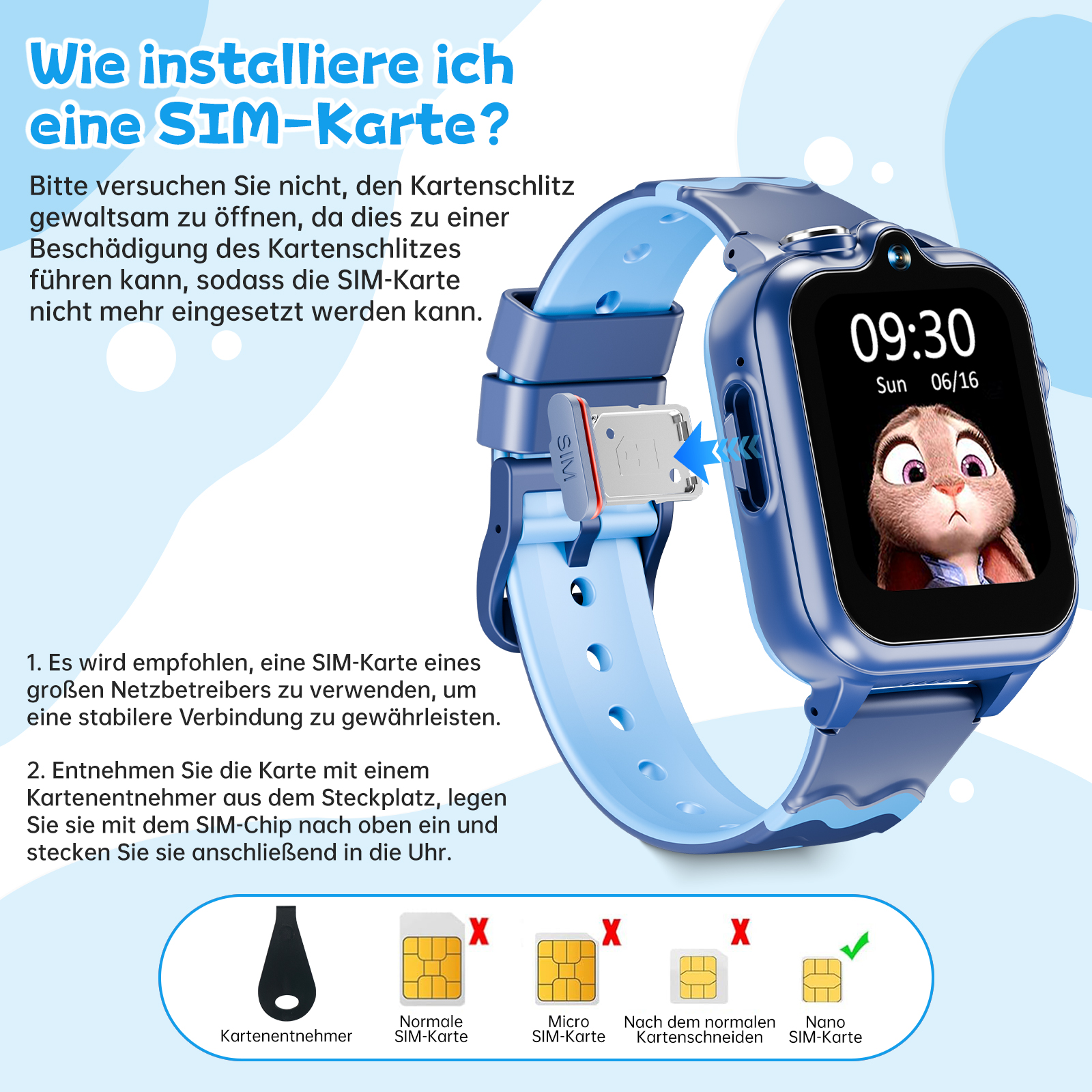 Blaue Smartwatch mit SIM-Karten-Slot. Anweisungen und SIM-Kartentypen werden angezeigt.